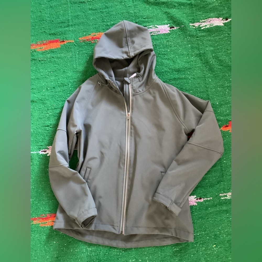 Fabletics zip up women’s jacket L teal hooded fleece lined pockets